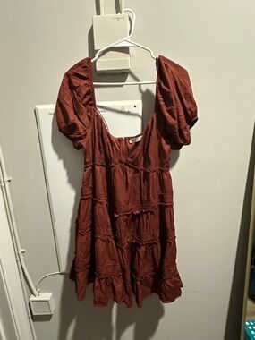 Altar'd State Rust Red Tiered Puff-Sleeve Mini Dress